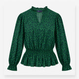 Blouse Green Animal Print Shirred Waist Long Sleev