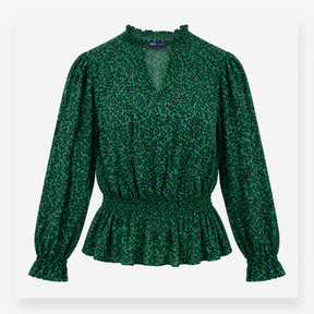Blouse Green Animal Print Shirred Waist Long Sleev