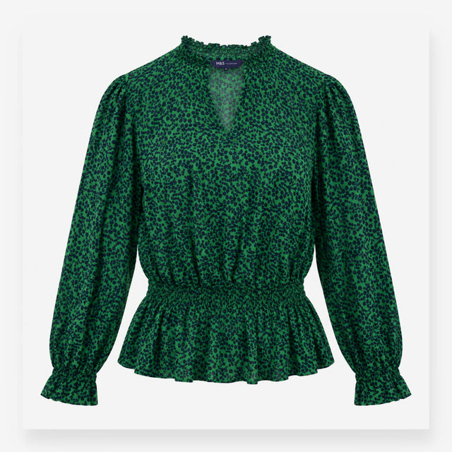 Blouse Green Animal Print Shirred Waist Long Sleev