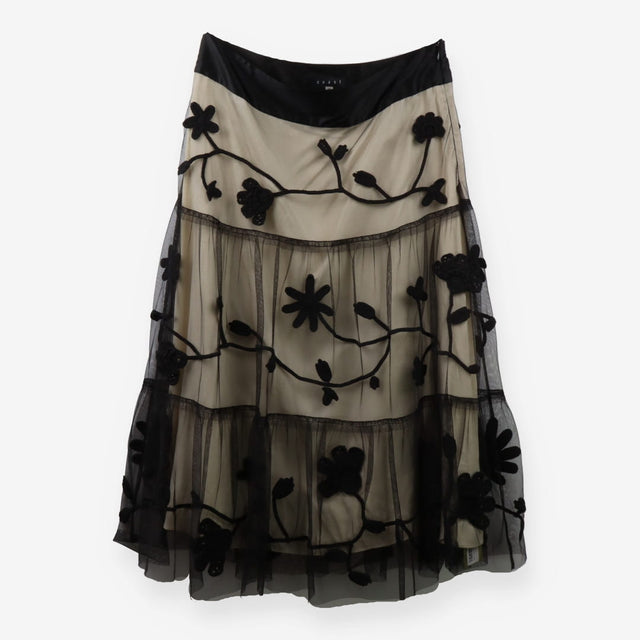 Black Crochet Flower Embroidered Mesh Midi Skirt