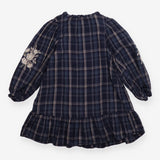 Dress long sleeve check navy embroidered flowers
