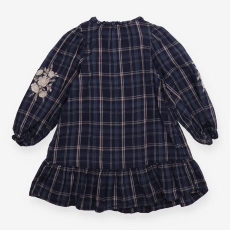 Dress long sleeve check navy embroidered flowers