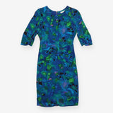 Silk Midi Dress with Blue Abstract Print and Front