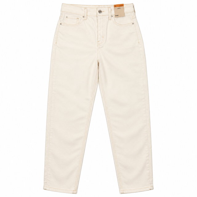 Jeans Cream Ecru High Rise Mom Straight Stretch De