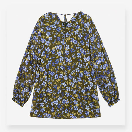 Olive Green Blue Floral Long Sleeve High Neck Tuni