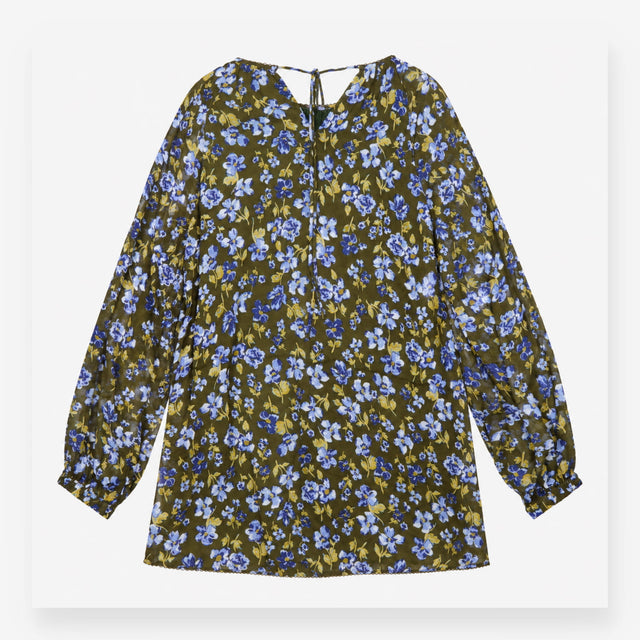 Olive Green Blue Floral Long Sleeve High Neck Tuni