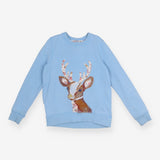 Sweater Blue Floral Deer Applique