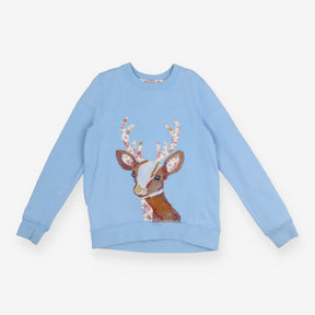 Sweater Blue Floral Deer Applique