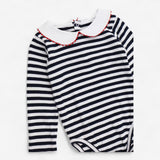 Bodysuit Long Sleeve Collared Navy and White Strip