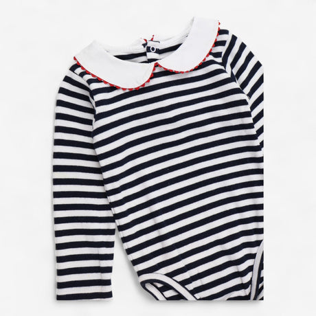 Bodysuit Long Sleeve Collared Navy and White Strip