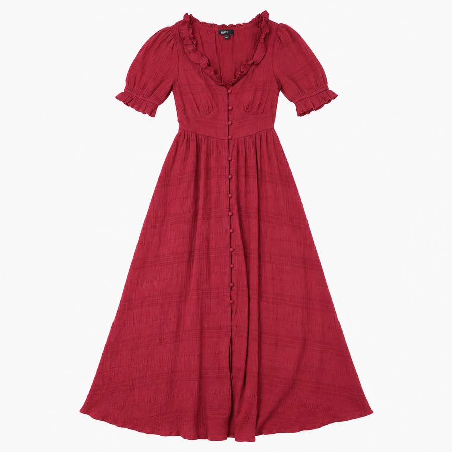 Burgundy Ruffle Button Front Maxi Dress