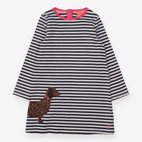 Sweater dress white & blue stripe with dog  