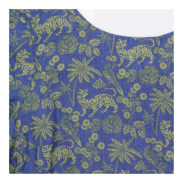 Top Blue Yellow Tiger Palm Print 100% Linen Short 