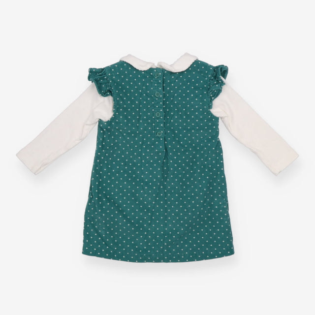 Cord Dress Green Ruffle Shoulders, Dots, Embroider
