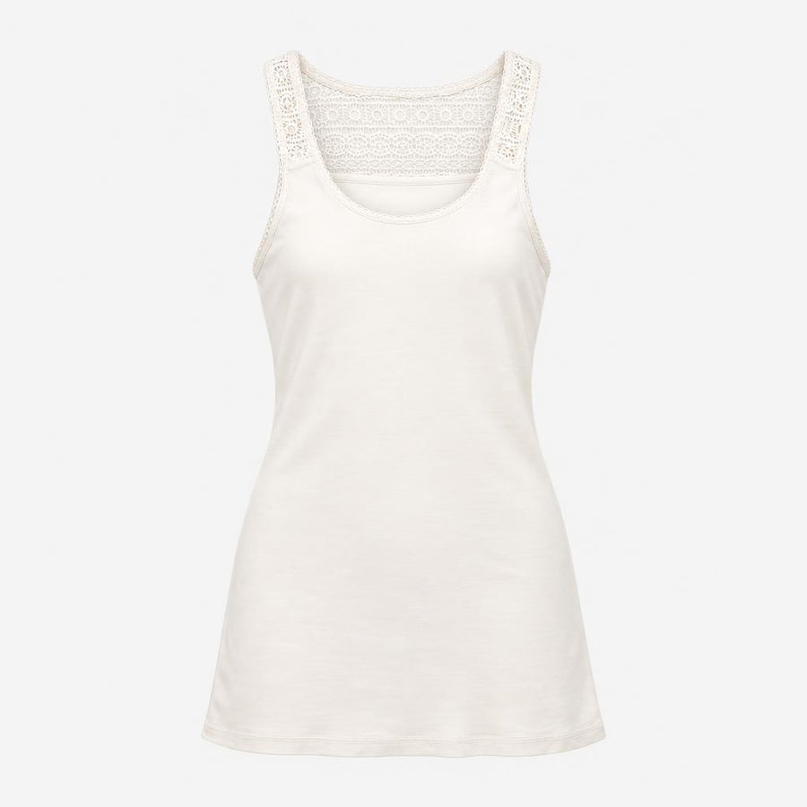 White Ribbed Cotton Stretch Crochet Lace Back Scoo