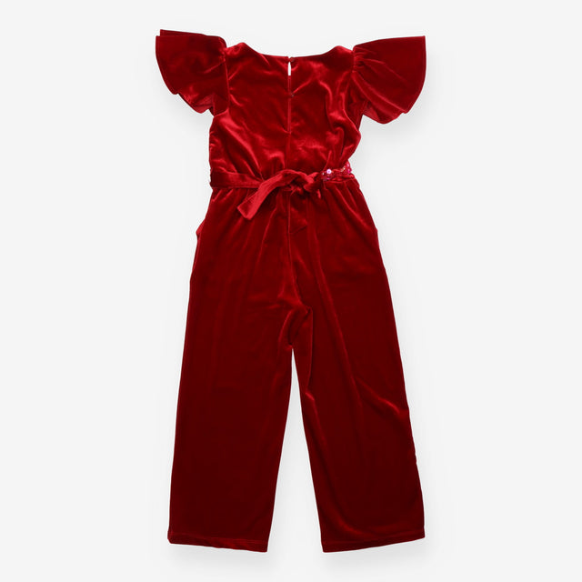 Sequin Belt Velour Jumpsuit Red