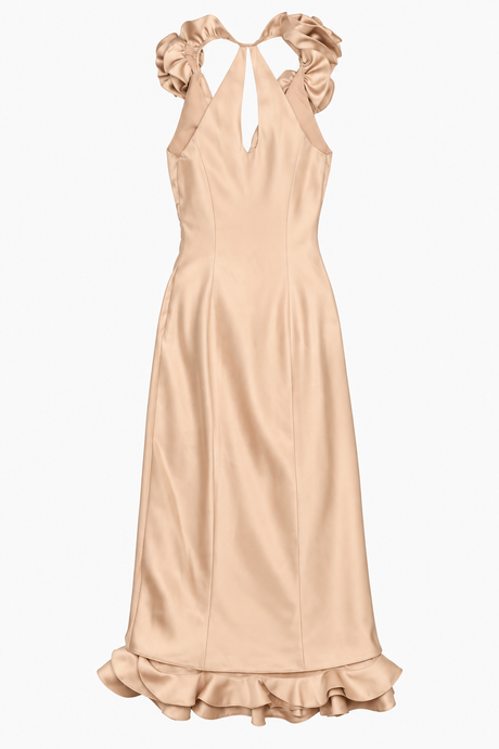 Midi Dress Nude Gold Ruffle Halterneck Fitted Occa
