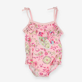 Swimsuit pink flowers frill neck and bottom