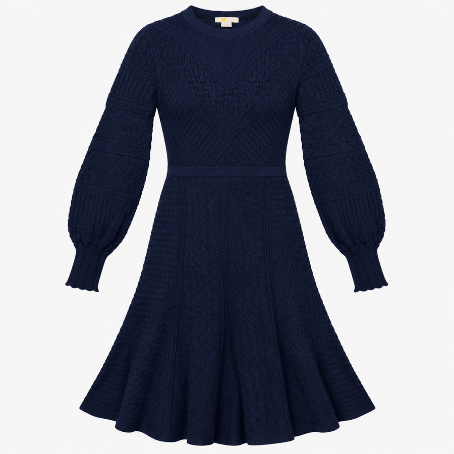 Pointelle Knit Long Sleeve Dress Navy Blue