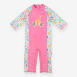 Pink and zoo animal print swimsuit with giraffe ap