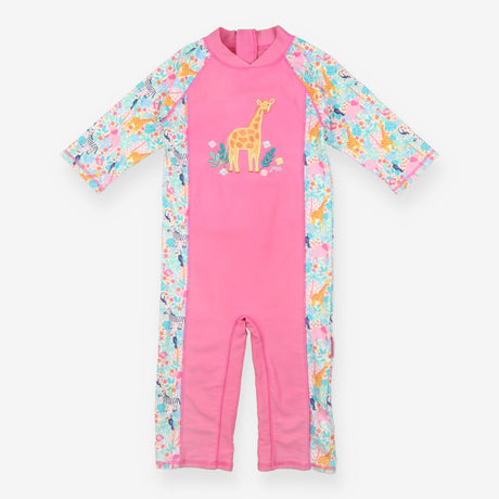 Pink and zoo animal print swimsuit with giraffe ap