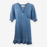 Mini Dress Blue Organic Cotton Puff Shoulder Ruffl