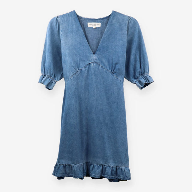 Mini Dress Blue Organic Cotton Puff Shoulder Ruffl