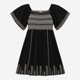 Black Cream Embroidered Shirred Dress with Flutter