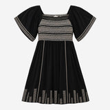 Black Cream Embroidered Shirred Dress with Flutter