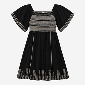Black Cream Embroidered Shirred Dress with Flutter