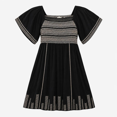 Black Cream Embroidered Shirred Dress with Flutter