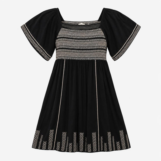 Black Cream Embroidered Shirred Dress with Flutter