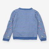 Cardigan Blue Stripe Flower and Bird Appliques