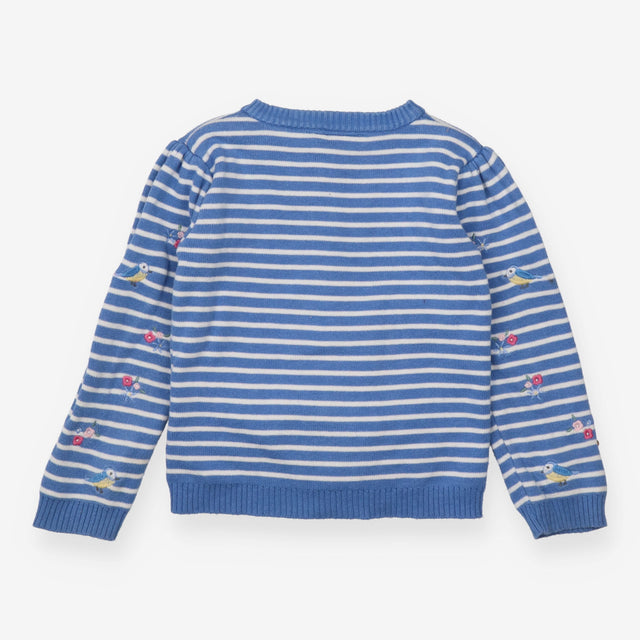 Cardigan Blue Stripe Flower and Bird Appliques