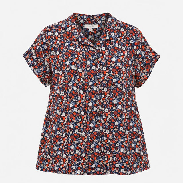 Shirt Navy Rust Orange Floral Print 100% Organic C