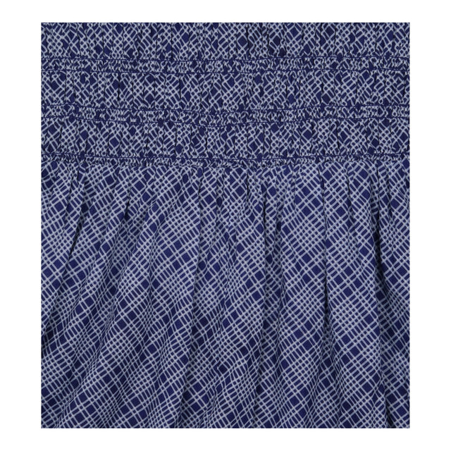 Blue Navy Checked Shirred Midi Dress