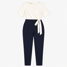 Ivory Navy Two-Tone Tie Waist Jumpsuit