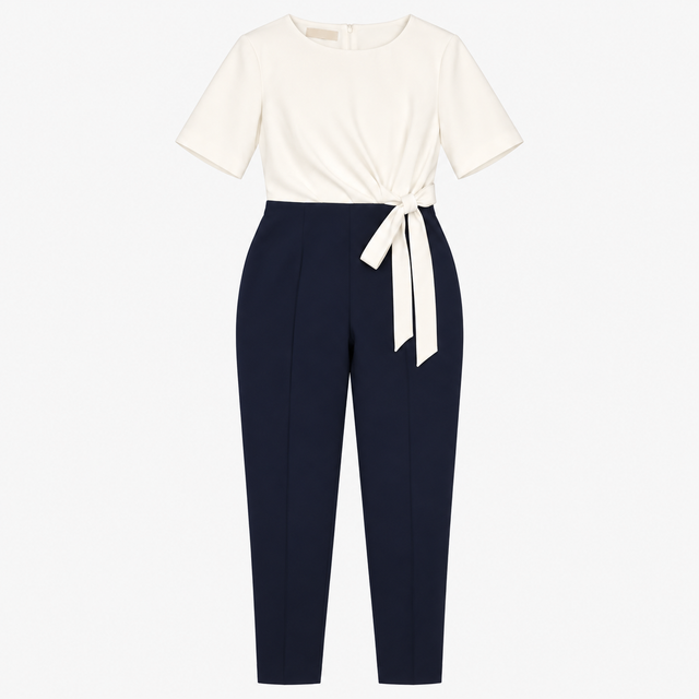Ivory Navy Two-Tone Tie Waist Jumpsuit
