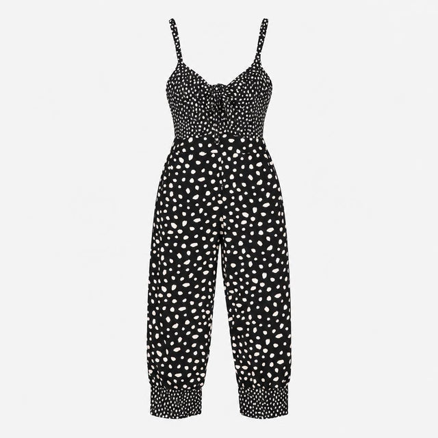 Jumpsuit Black White Polka Dot Cami Strappy Wide L