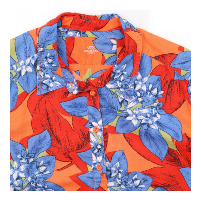 Shirt Orange Blue Floral Print Linen Blend Long Sl