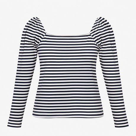 Jersey Top Navy White Stripe Square Neck Long Slee