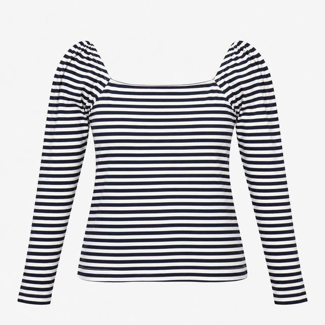 Jersey Top Navy White Stripe Square Neck Long Slee