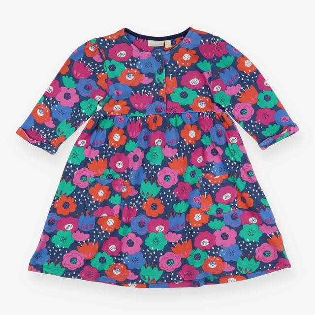 Blue Colourful Flowers Dress with Pocket