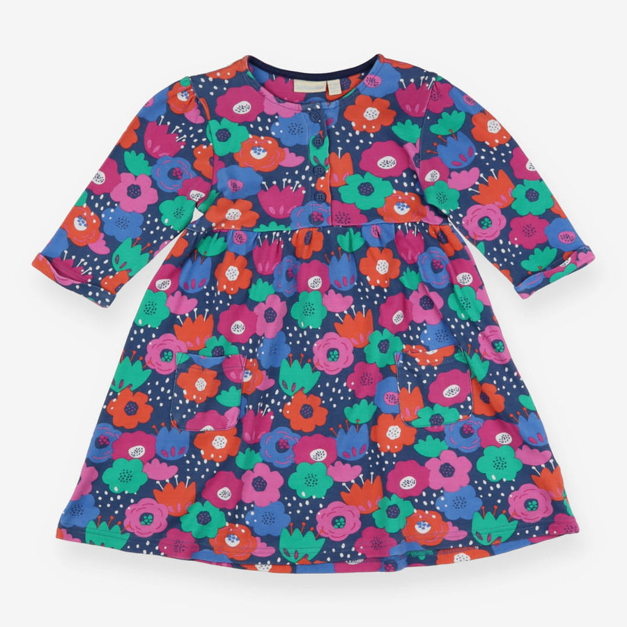 Blue Colourful Flowers Dress with Pocket