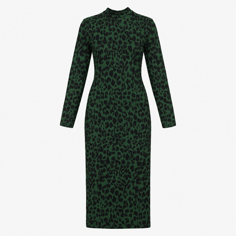Leopard Midi Dress in Forest Green with High Neck