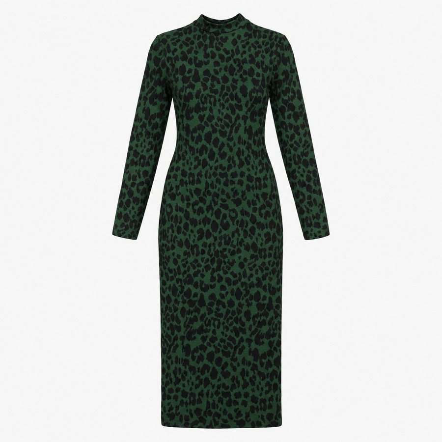 Leopard Midi Dress in Forest Green with High Neck