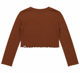 Long Sleeve Top Brown Cropped Lettuce Hem
