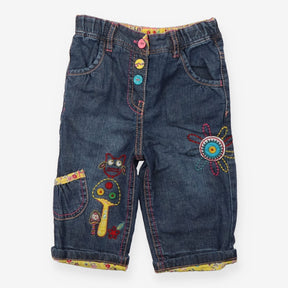 patchwork jeans with flowers and owl appliques