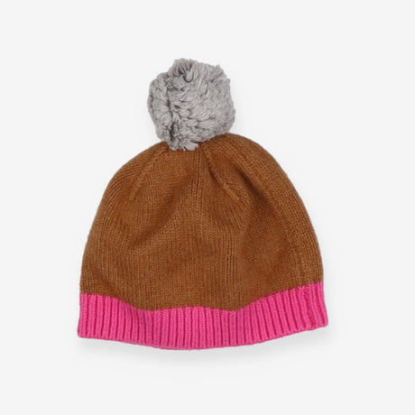 Brown bobble hat with pink band