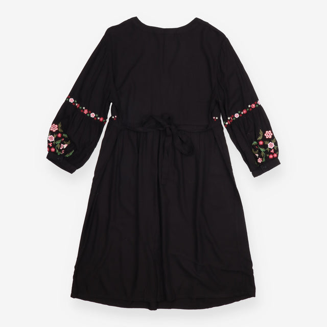 Dress Black Embroidered Floral Long Sleeve Midi V-